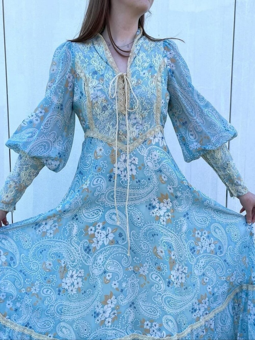 Gunne Sax Vintage Rare 1970 Light Blue Paisley Prairie Lace-Up Corset Maxi Dress - Picture 2 of 14
